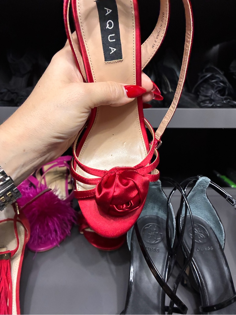 Aqua Red Satin Rosette Strappy Peep-Toe Heel